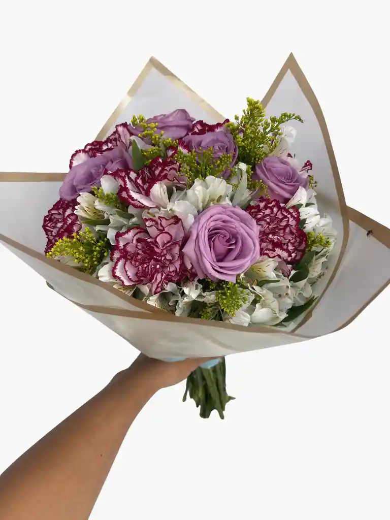 Bouquet De Rosas Moradas, Astromelias Y Claveles Blancos
