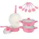 Set De Ollas Con Utensilios X13 Pcs Rosado