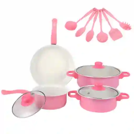 Set De Ollas Con Utensilios X13 Pcs Rosado