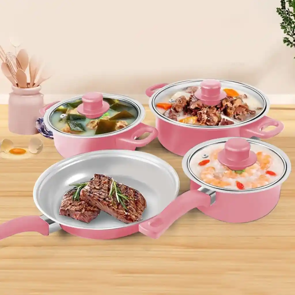Set De Ollas Con Utensilios X13 Pcs Rosado