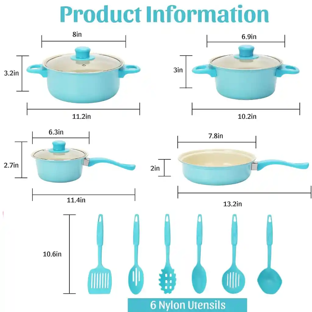 Set De Ollas Con Utensilios X13 Pcs Celeste