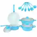 Set De Ollas Con Utensilios X13 Pcs Celeste