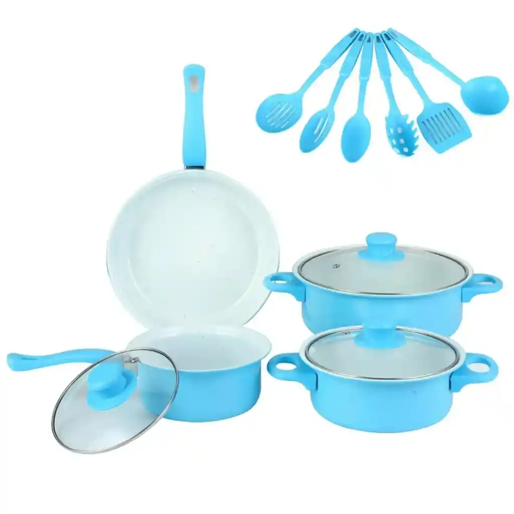 Set De Ollas Con Utensilios X13 Pcs Celeste