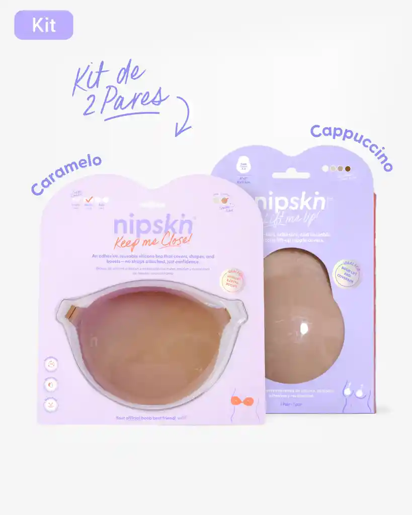 Kit Brasier Adhesivo Talla Middy (copa B) / Color Caramel + Copas En Silicona Para Levantar Busto Talla M (copa A-b) / Color Cappuccino - nipskin®