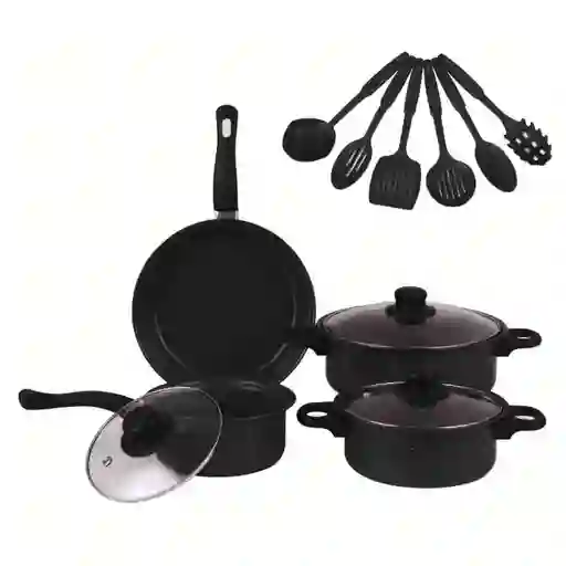 Set Juego Ollas Cocina Antiadherente 13pcs Bateria Utensilios Negro