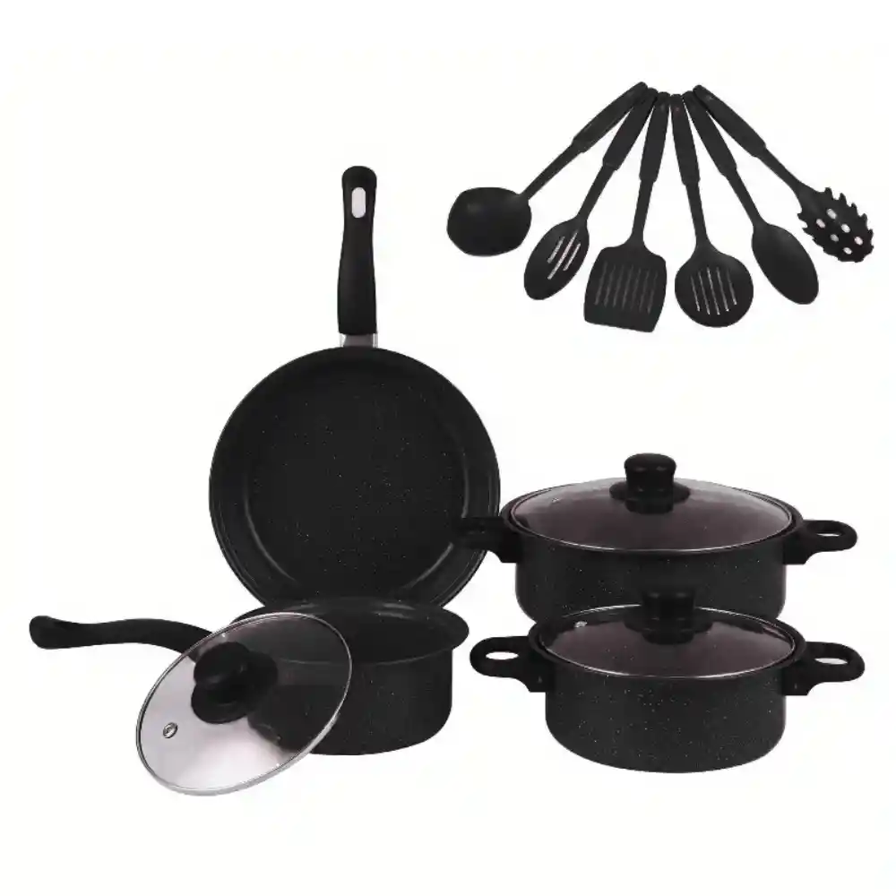 Set Juego Ollas Cocina Antiadherente 13pcs Bateria Utensilios Negro
