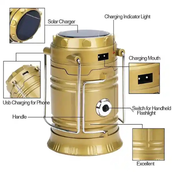 Lampara De Camping Recargable Con Panel Solar Y Linterna Frontal