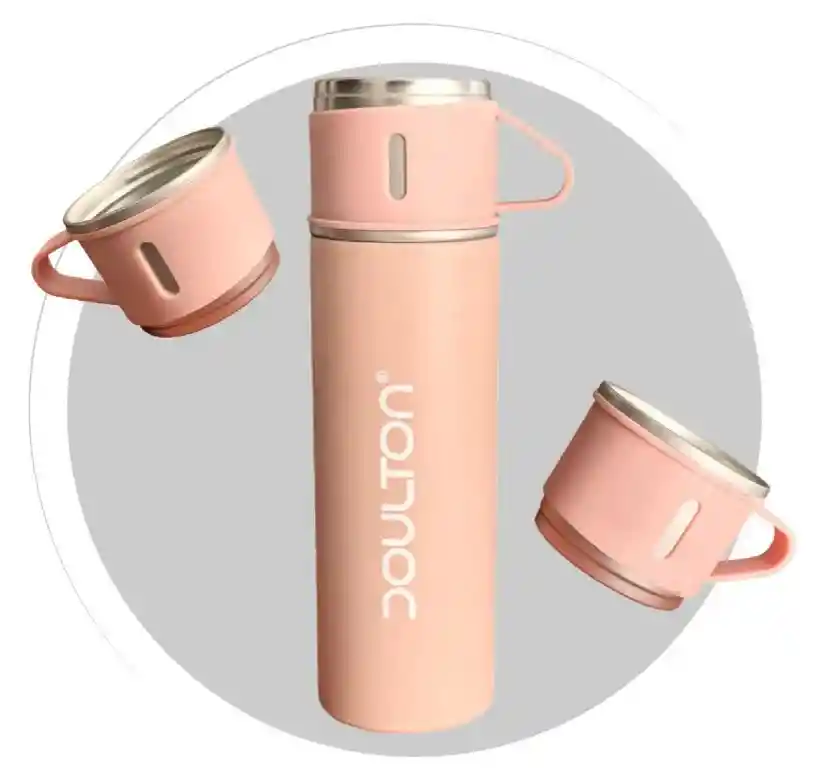 Termo 500ml Acero Inoxidable Con 3 Tazas Portátil Con Estuche Rosa