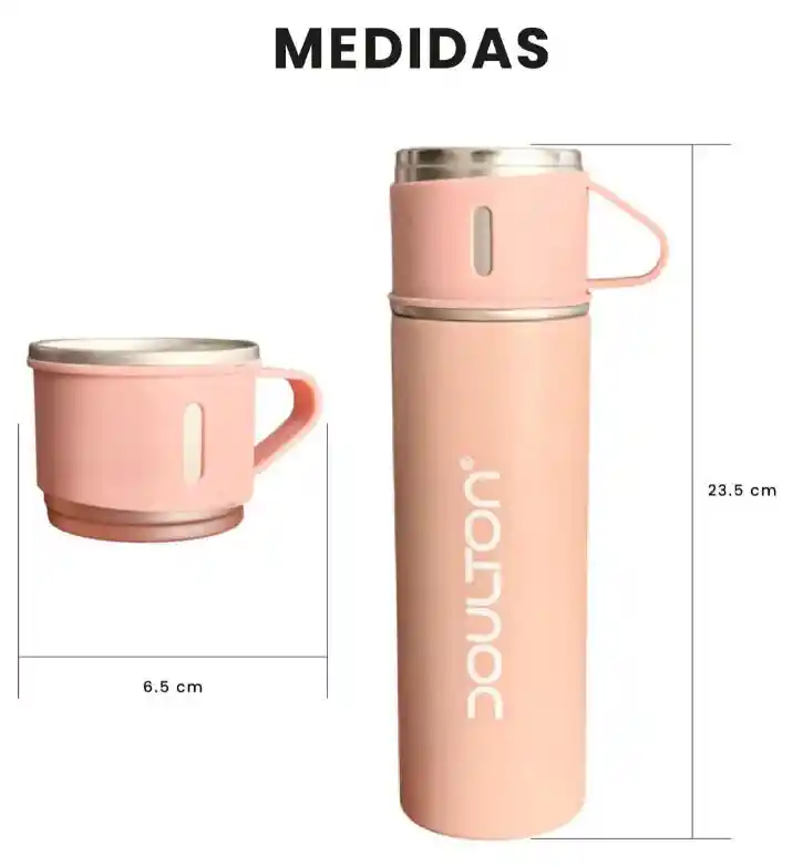 Termo 500ml Acero Inoxidable Con 3 Tazas Portátil Con Estuche Rosa