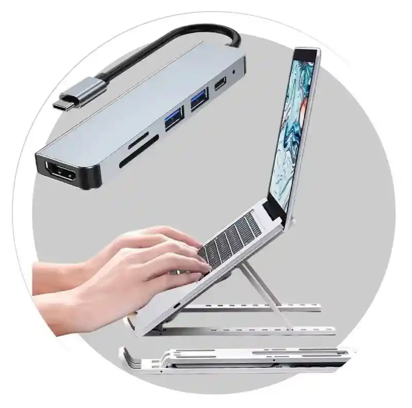 Soporte Portátil Laptop Para Pc Con Adaptador Usb C 6 En 1 Negro