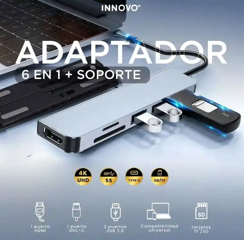 Soporte Portátil Laptop Para Pc Con Adaptador Usb C 6 En 1 Negro