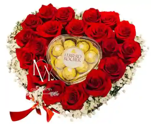 Flores Rosas Rojas Y Ferrero En Corazón