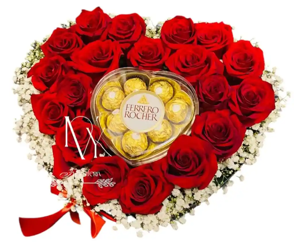 Flores Rosas Rojas Y Ferrero En Corazón
