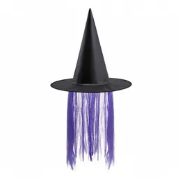 Gorro De Bruja Bember Negro Estampado Con Peluca De Halloween Morado
