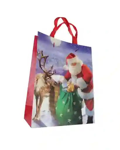 Bolsa De Regalo Navidad Papa Noel Y Reno Mediana 32 Cm X 25 Cm