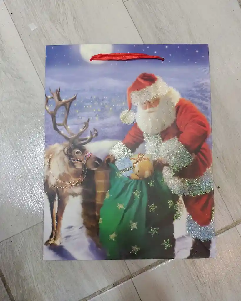 Bolsa De Regalo Navidad Papa Noel Y Reno Mediana 32 Cm X 25 Cm