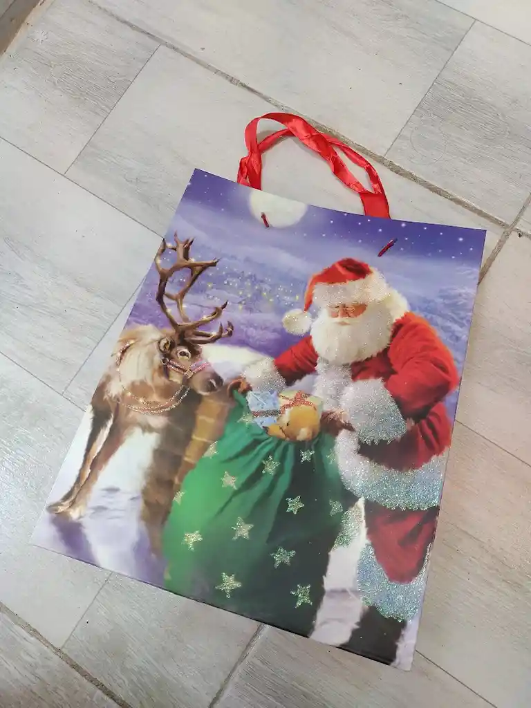 Bolsa De Regalo Navidad Papa Noel Y Reno Mediana 32 Cm X 25 Cm