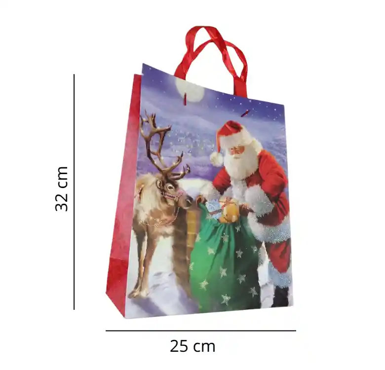 Bolsa De Regalo Navidad Papa Noel Y Reno Mediana 32 Cm X 25 Cm