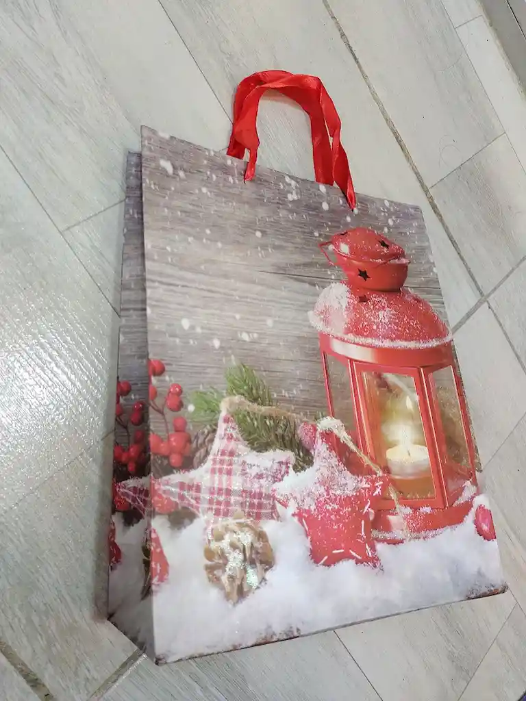 Bolsa De Regalo Navidad Farol Mediana 32 Cm X 25 Cm