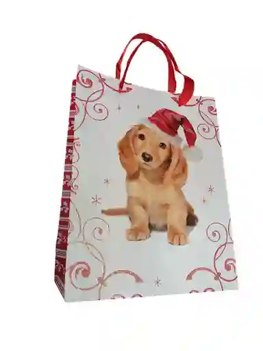 Bolsa De Regalo Navidad Perrito Cafe Mediana 32 Cm X 25 Cm