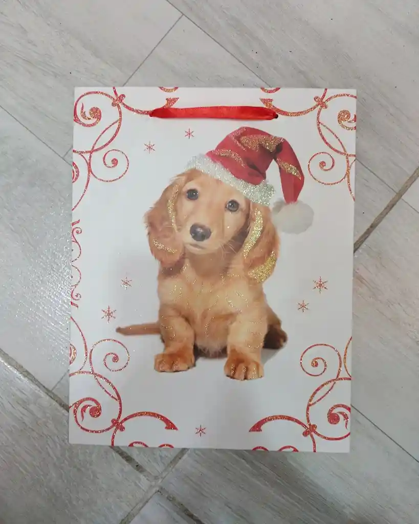 Bolsa De Regalo Navidad Perrito Cafe Mediana 32 Cm X 25 Cm
