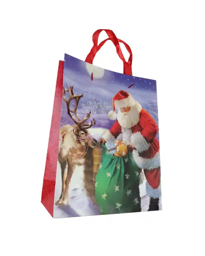 Bolsa De Regalo Navidad Papa Noel Y Reno Mediana 32 Cm X 25 Cm