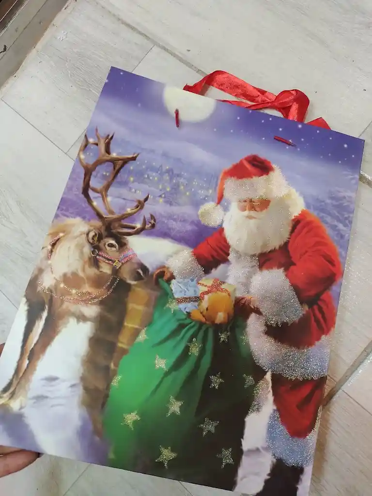 Bolsa De Regalo Navidad Papa Noel Y Reno Mediana 32 Cm X 25 Cm