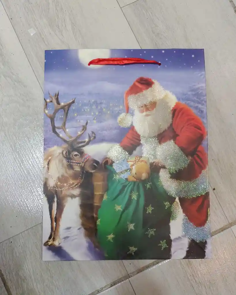 Bolsa De Regalo Navidad Papa Noel Y Reno Mediana 32 Cm X 25 Cm