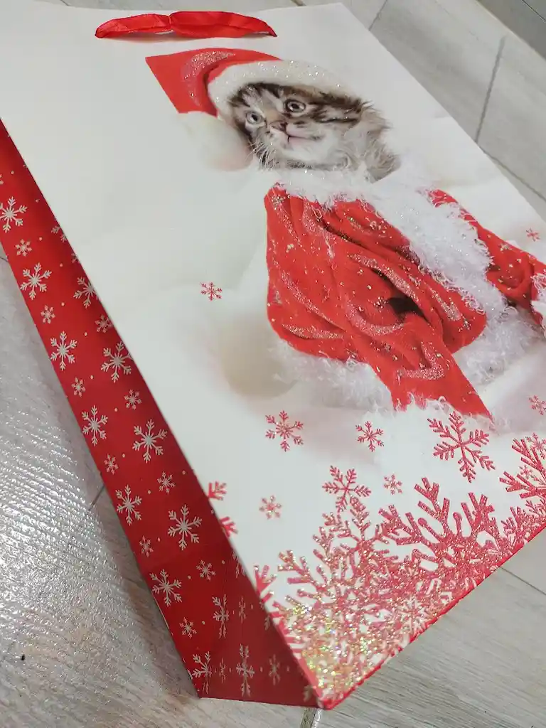 Bolsa De Regalo Navidad Gato Gris Mediana 32 Cm X 25 Cm