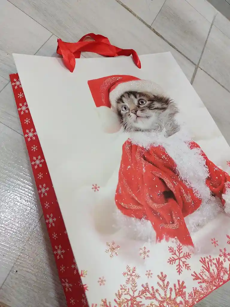 Bolsa De Regalo Navidad Gato Gris Mediana 32 Cm X 25 Cm