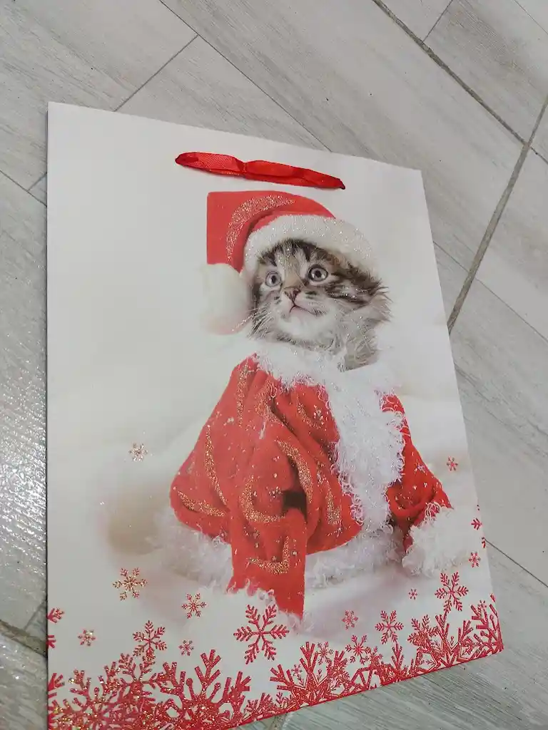 Bolsa De Regalo Navidad Gato Gris Mediana 32 Cm X 25 Cm