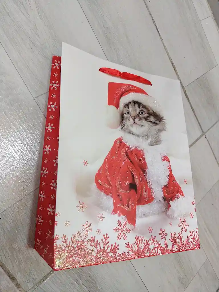 Bolsa De Regalo Navidad Gato Gris Mediana 32 Cm X 25 Cm