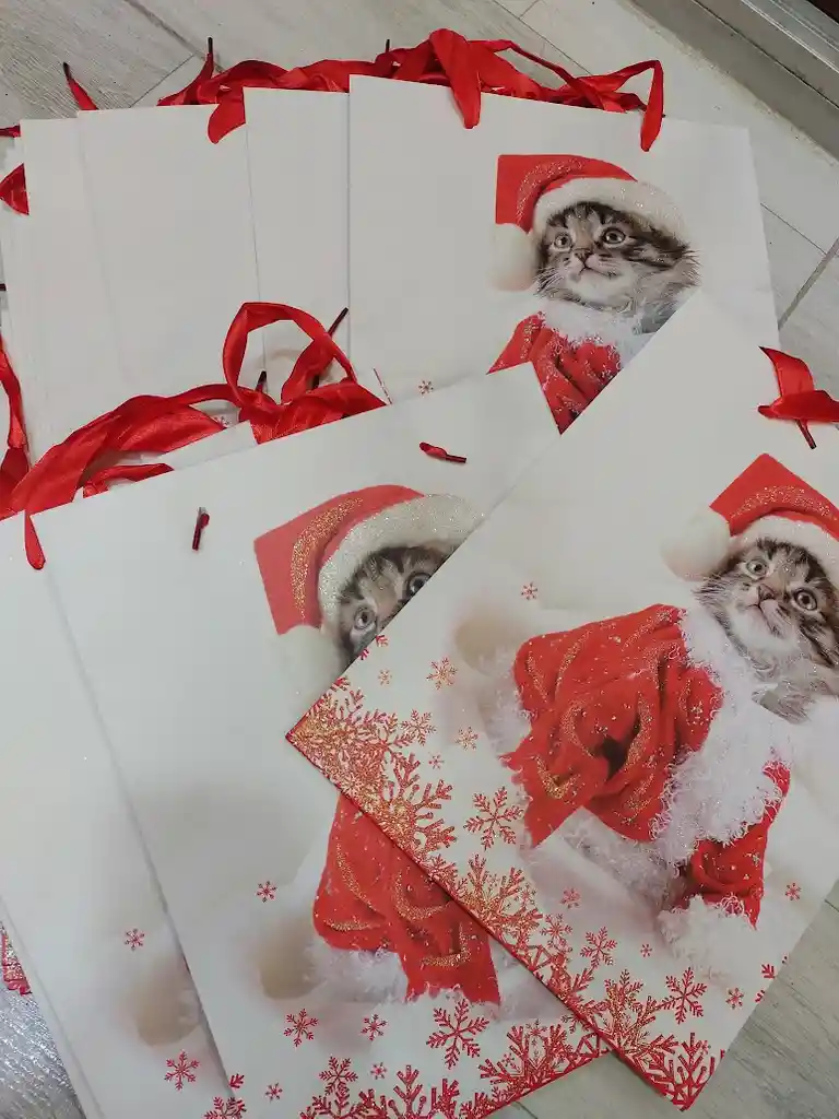 Bolsa De Regalo Navidad Gato Gris Mediana 32 Cm X 25 Cm