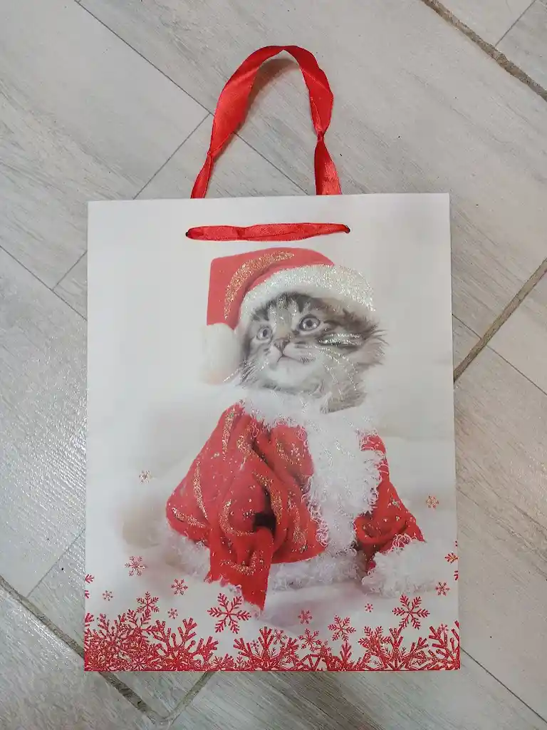 Bolsa De Regalo Navidad Gato Gris Mediana 32 Cm X 25 Cm