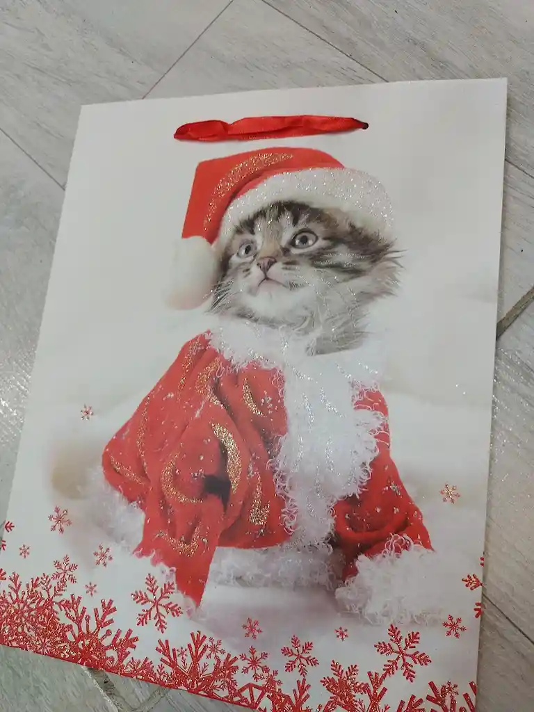 Bolsa De Regalo Navidad Gato Gris Mediana 32 Cm X 25 Cm