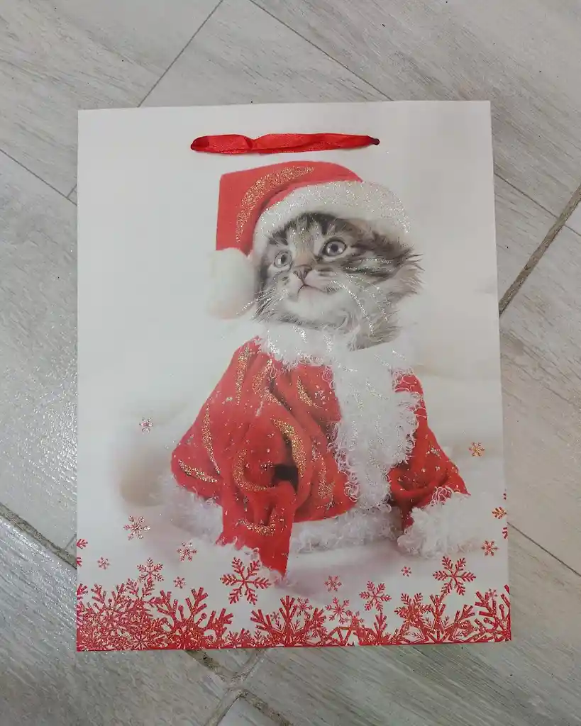 Bolsa De Regalo Navidad Gato Gris Mediana 32 Cm X 25 Cm