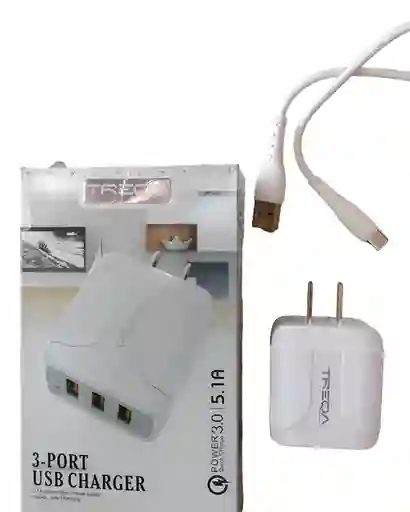 Cargador Treqa Completo Adaptador Con Tres Usb Y Cable Tipo C Rapido