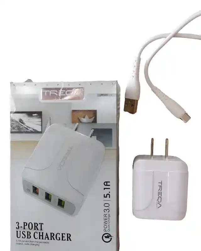 Cargador Treqa Completo Adaptador Con Tres Usb Y Cable Tipo C Rapido