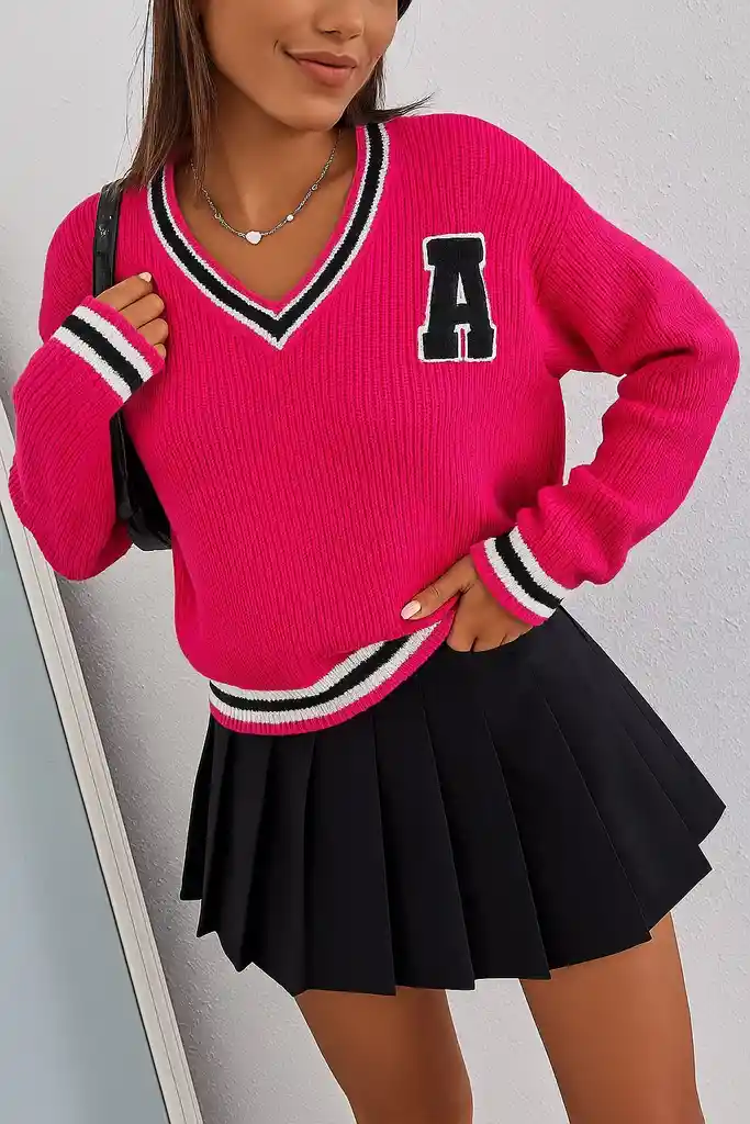 Suéter Para Mujer Con Bordado De Letras Parcheadas Y Ribete A Rayas