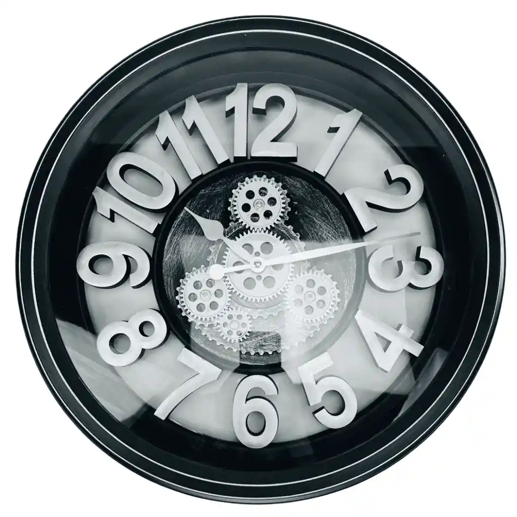 Reloj Decorativo En Pvc Negro Con Maquinaria Visible