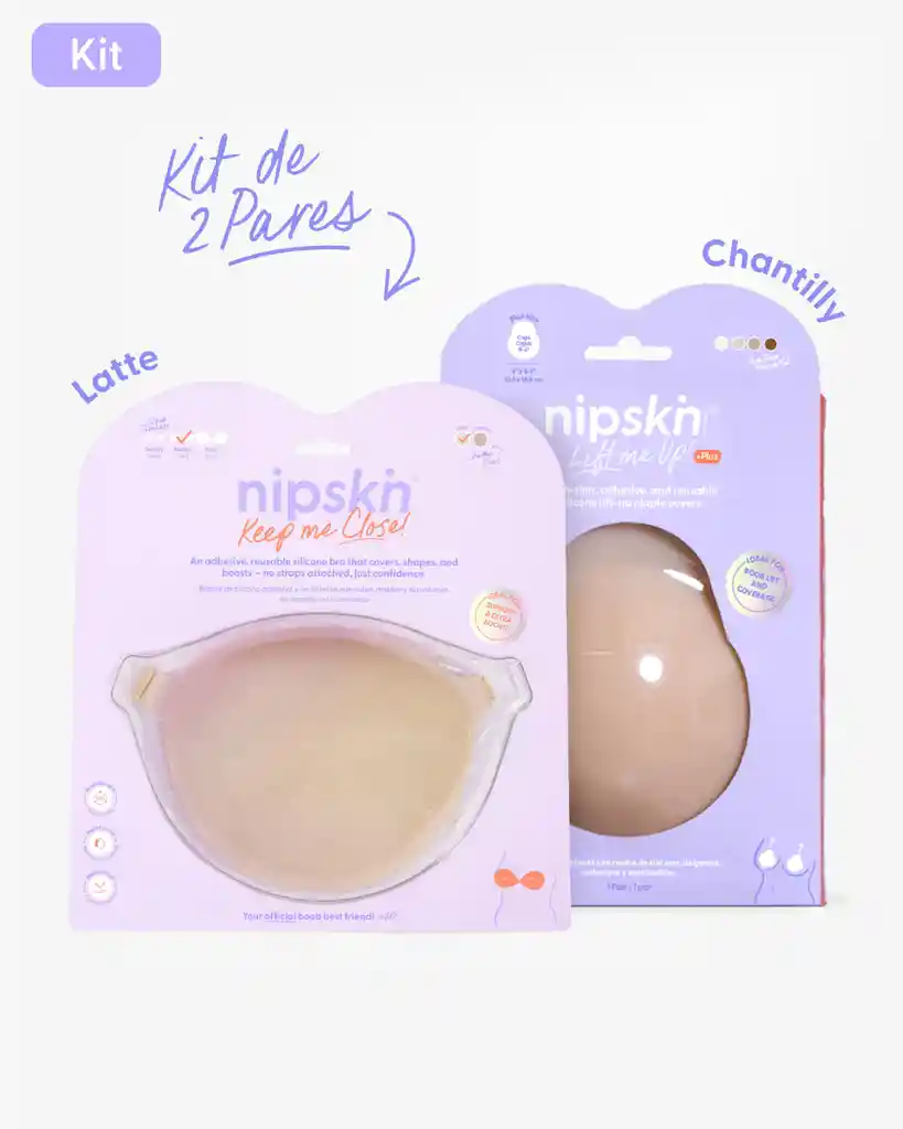 Kit Brasier Adhesivo Talla Middy (copa B) / Color Latte + Copas En Silicona Para Levantar Busto Talla Plus (copa C-d) / Color Chantilly - nipskin®