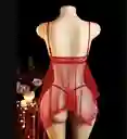 Babydoll Pijama Lencería De Malla Transparencia Y Encaje Rojo