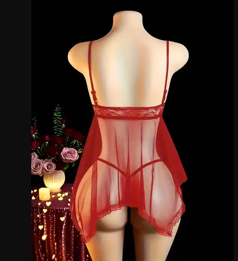 Babydoll Pijama Lencería De Malla Transparencia Y Encaje Rojo