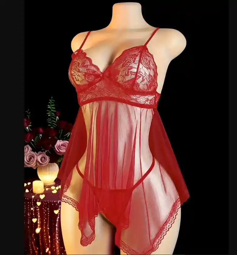 Babydoll Pijama Lencería De Malla Transparencia Y Encaje Rojo