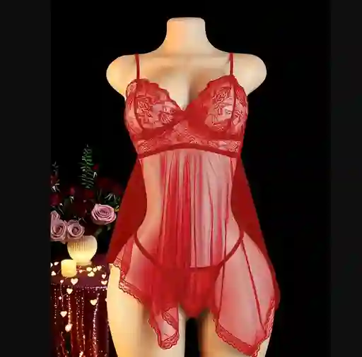 Babydoll Pijama Lencería De Malla Transparencia Y Encaje Rojo