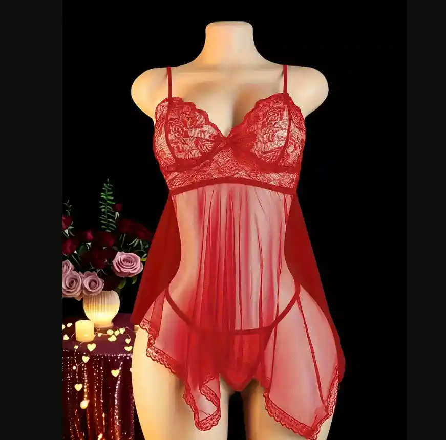 Babydoll Pijama Lencería De Malla Transparencia Y Encaje Rojo