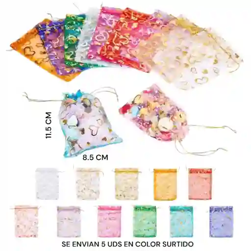 Bolsa De Regalo De Organza Estampado De Corazones X 5 Uds Colores Surtidos 11.5cm X 8.5cm