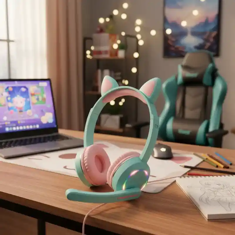 Audífonos Diadema Con Cable Con Diseño De Gato Verde Turquesa