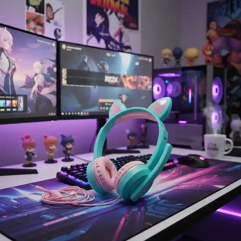 Audífonos Diadema Con Cable Con Diseño De Gato Verde Turquesa