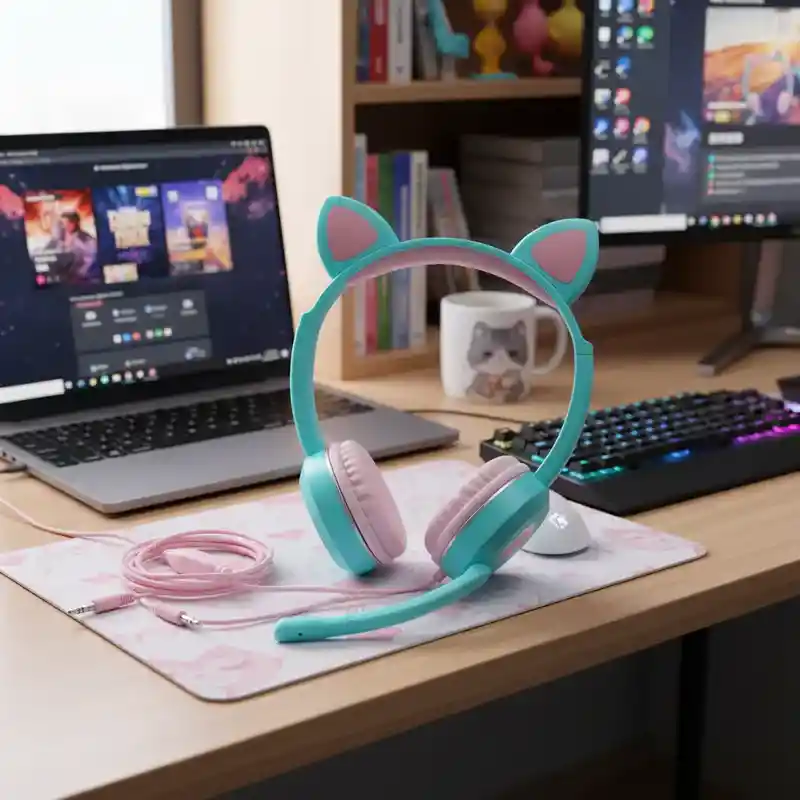 Audífonos Diadema Con Cable Con Diseño De Gato Verde Turquesa